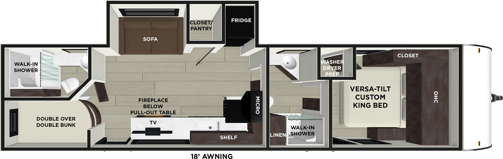 The Wildwood 320ICE floorplan has one entry and one slide out. Exterior features include: metal exterior and 18' awning. Interiors features include: bunk beds, front bedroom, two bedrooms and pass through bathroom.